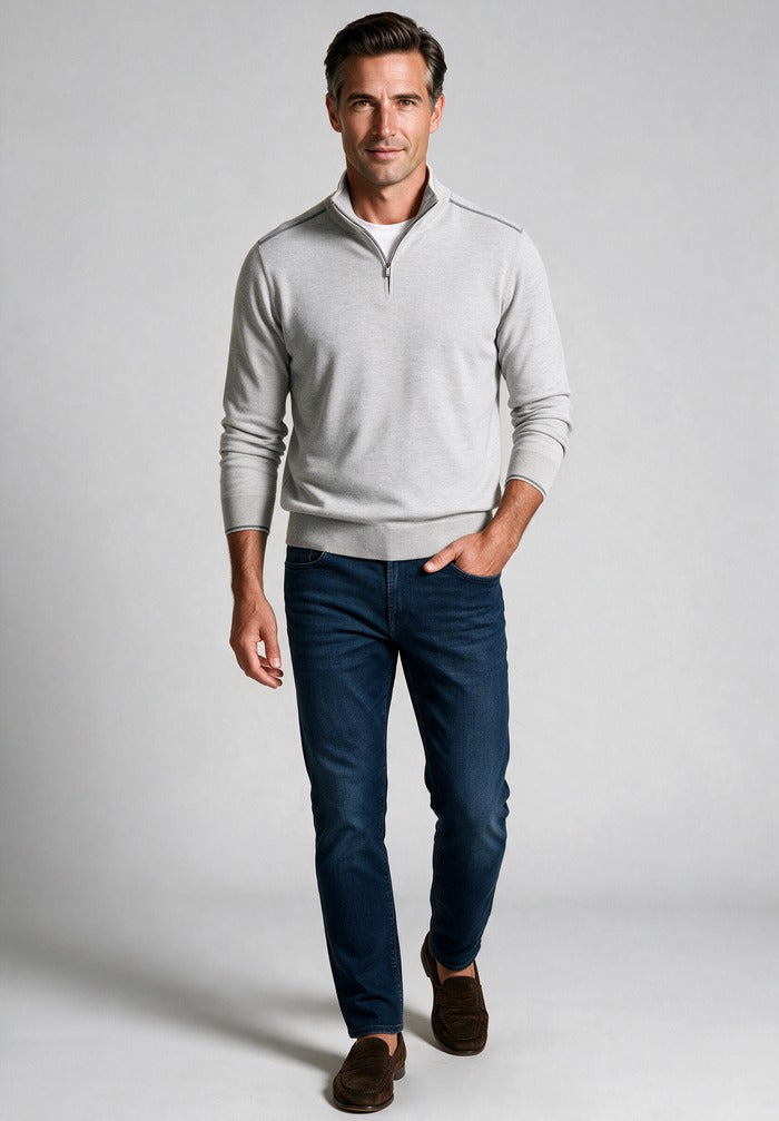 Paul & Shark Quarter Zip Sweater, Grey — worn with denim