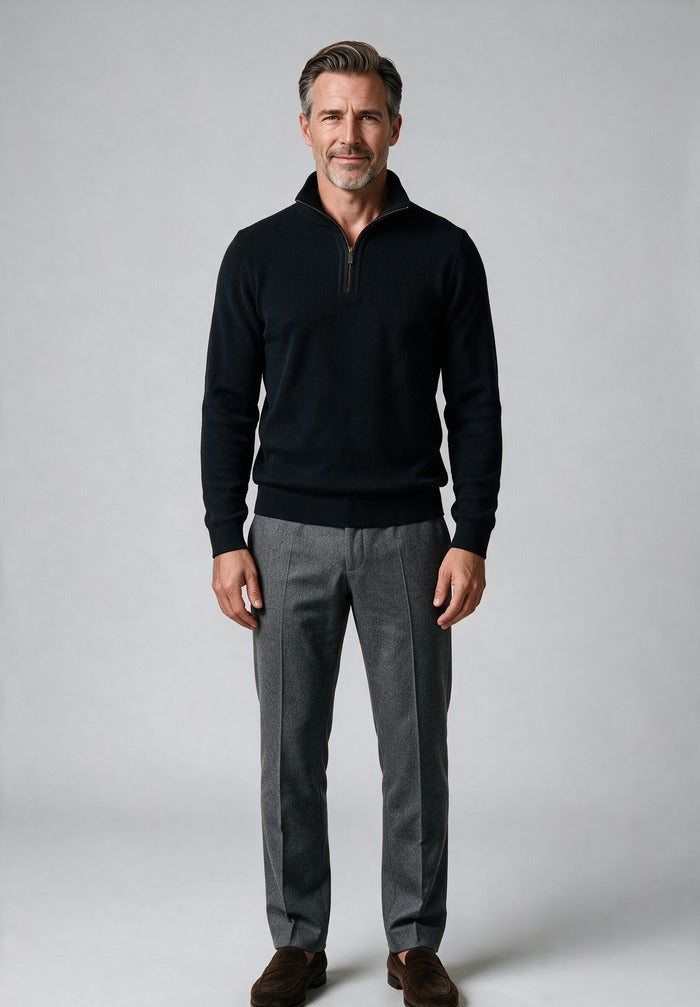 St. Croix Long Sleeve Zip Mock, Black – full-length on model, shown with grey flannel trousers