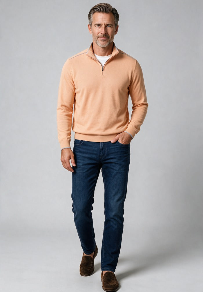 Paul & Shark Quarter Zip Sweater, Orange — worn with denim