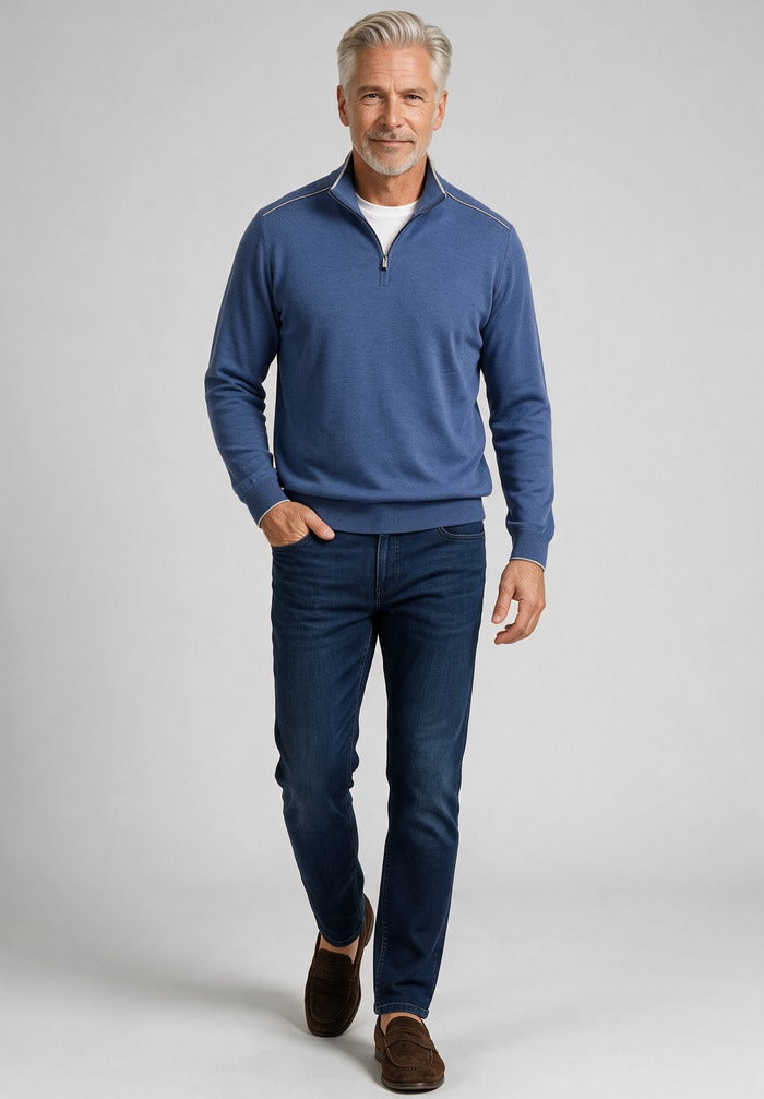 Paul & Shark Quarter Zip Sweater, Blue — worn with denim