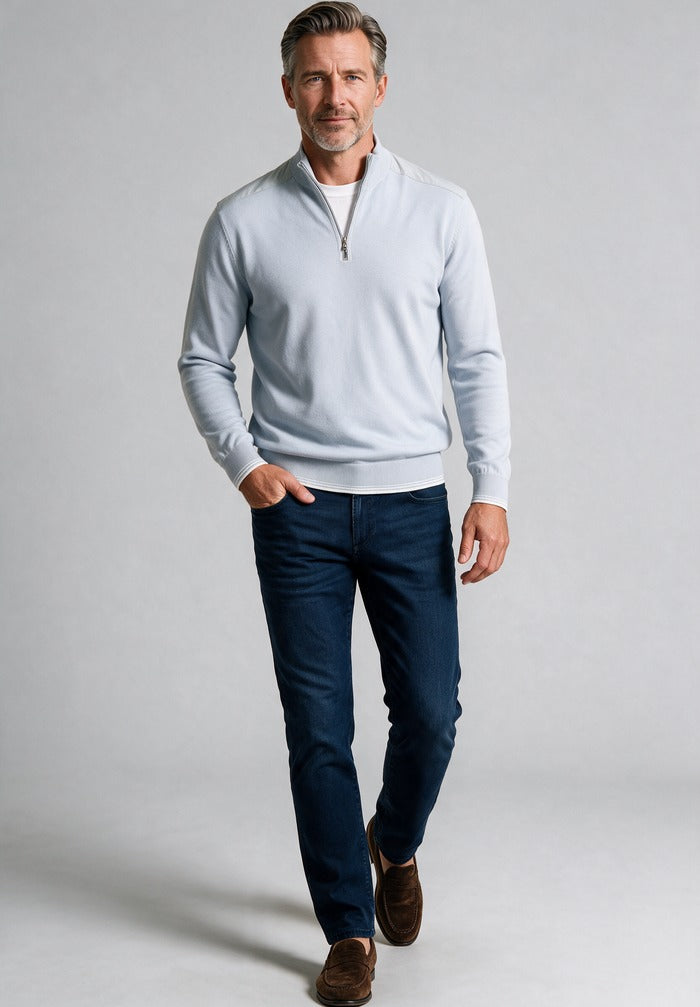 Paul & Shark Half Zip Sweater, Light Blue — worn with denim