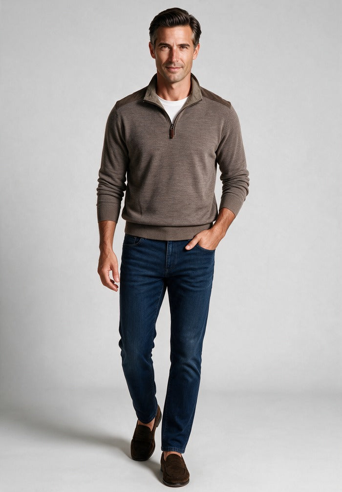 Paul & Shark Quarter Zip Sweater, Brown — worn with denim
