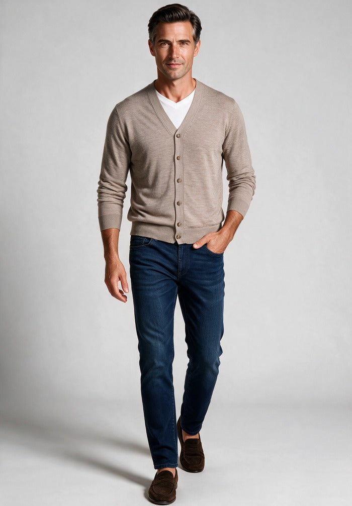Paul & Shark Cardigan, Almond — worn with denim
