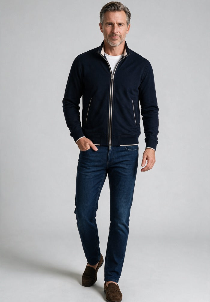 Paul & Shark Full Zip Sweater, Navy — worn with denim