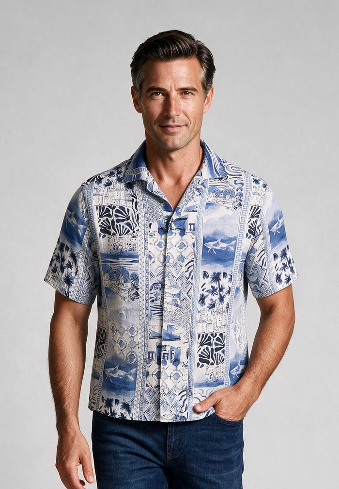 Paul & Shark Linen Shirt, Blue Coastal — model detail