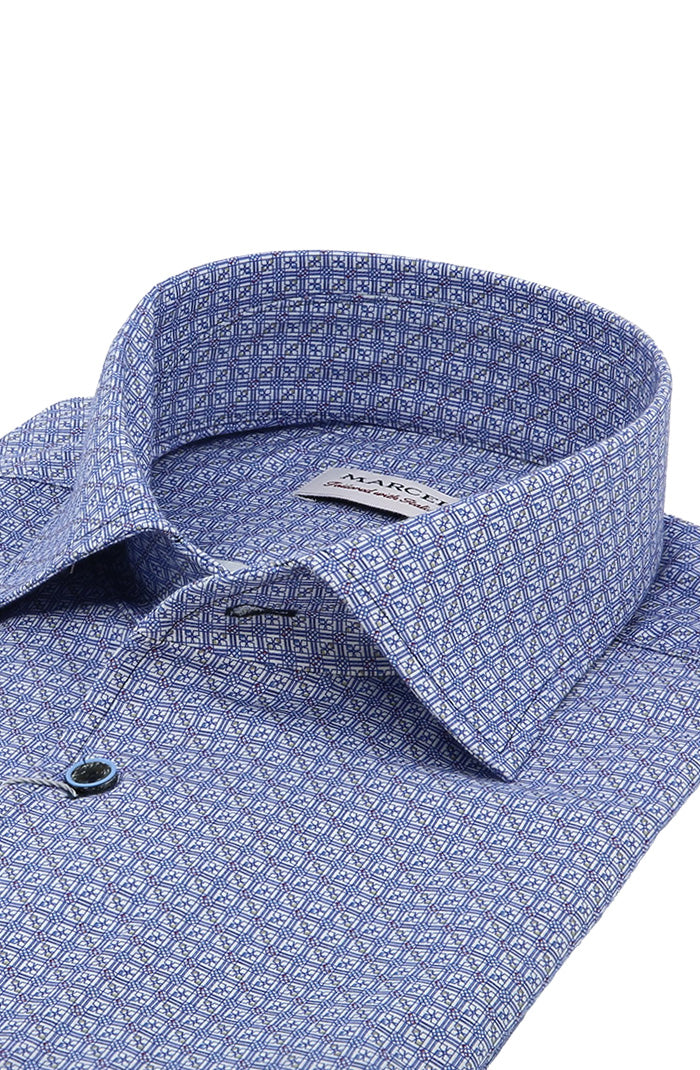 Marcello Blue Geometric Print Long Sleeve Shirt For Men W033R