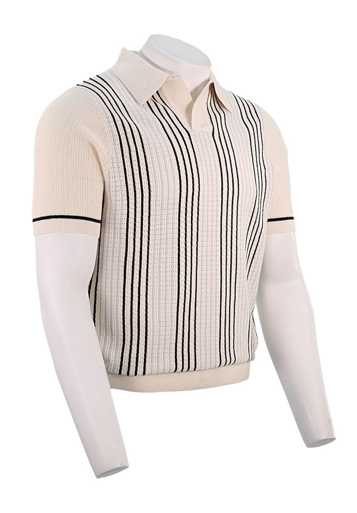 Stenstroms Striped Crochet Polo, Ivory/Blue