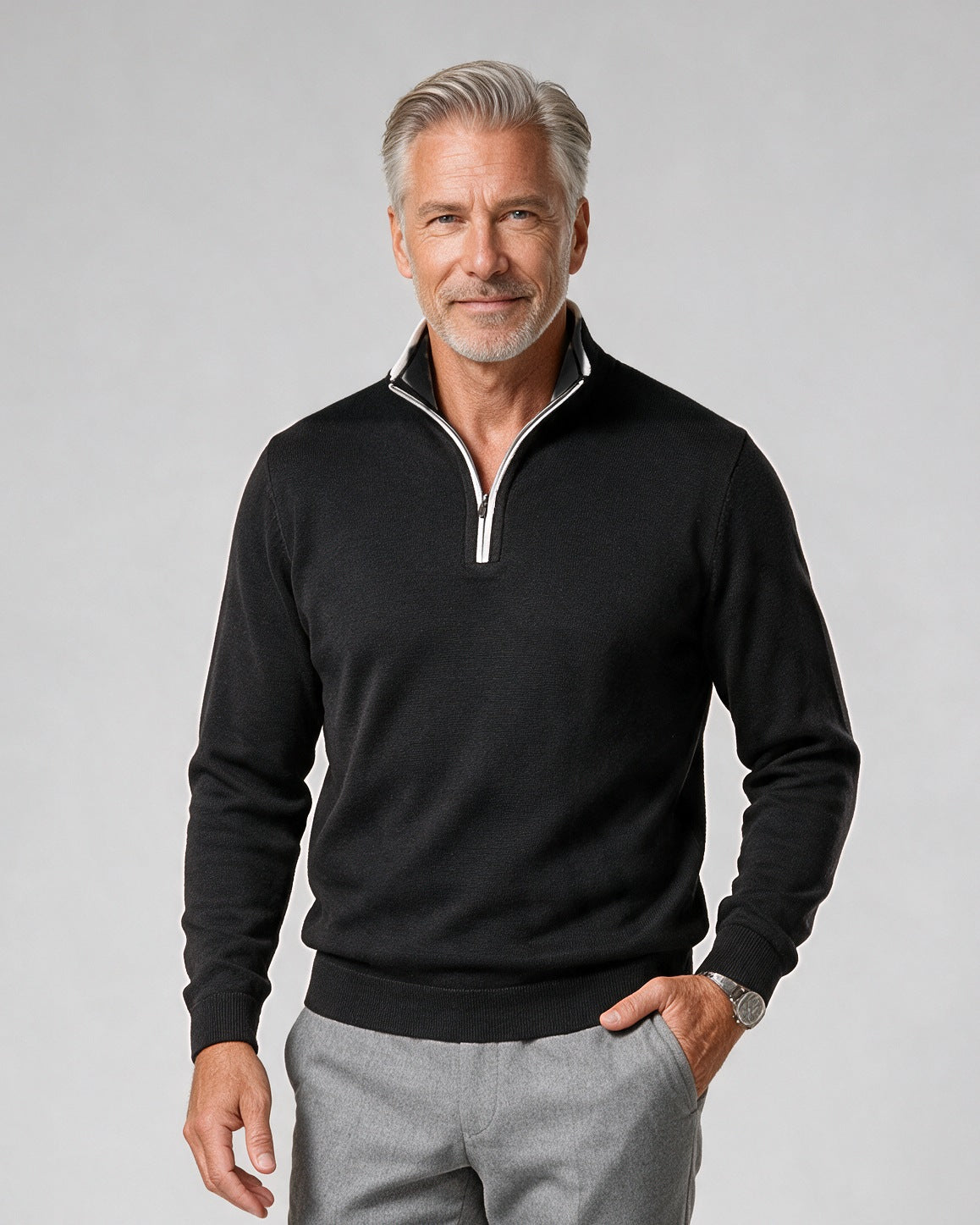 St. Croix - Zip Mock with Tipping - Mens Sweater - Mondo Uomo - Black/White - 4419 - Shown on Model, Close-Up