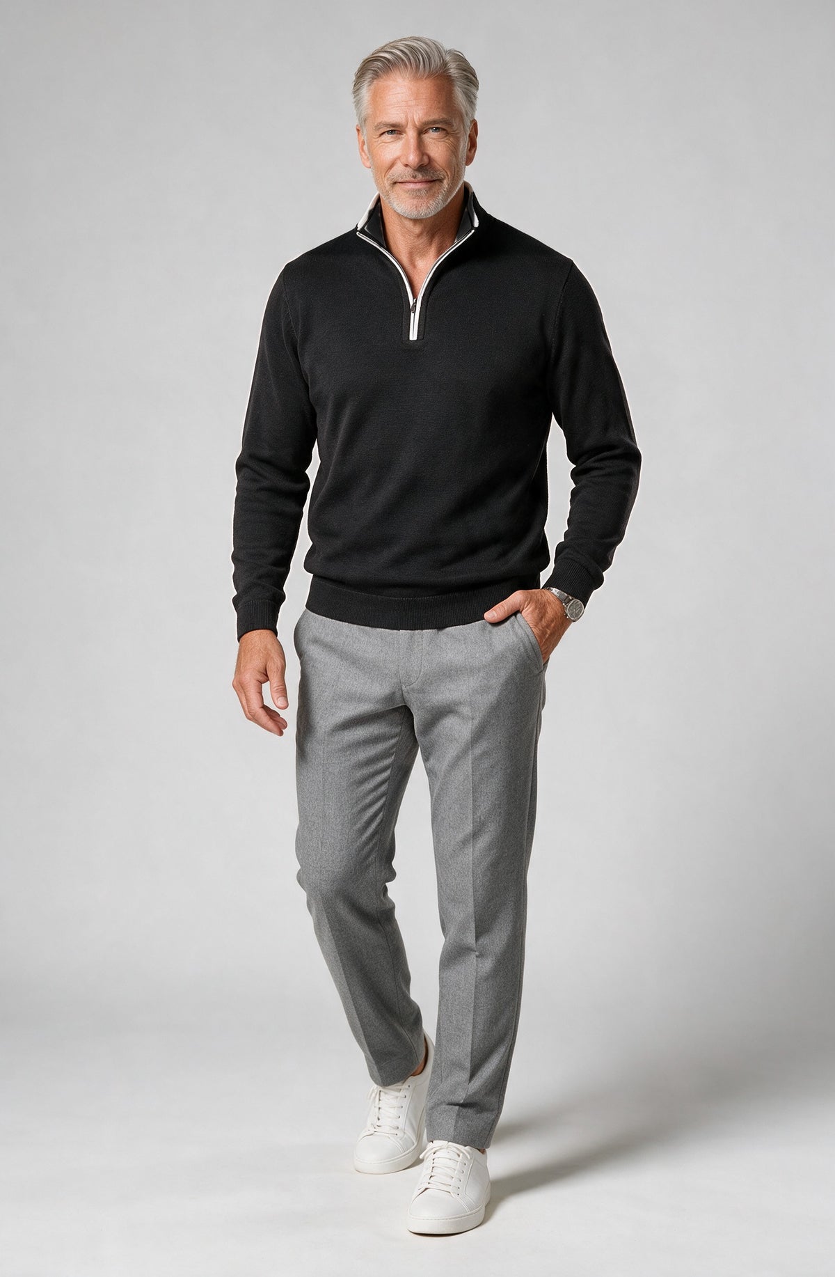 St. Croix - Zip Mock with Tipping - Mens Sweater - Mondo Uomo - Black/White - 4419 - Shown on Model