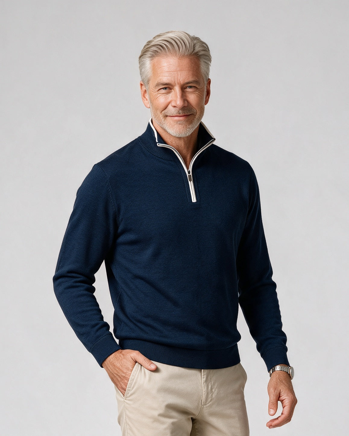 St. Croix - Zip Mock with Tipping - Mens Sweater - Mondo Uomo - Deep Navy - 4419 - Shown on Model, Close-Up