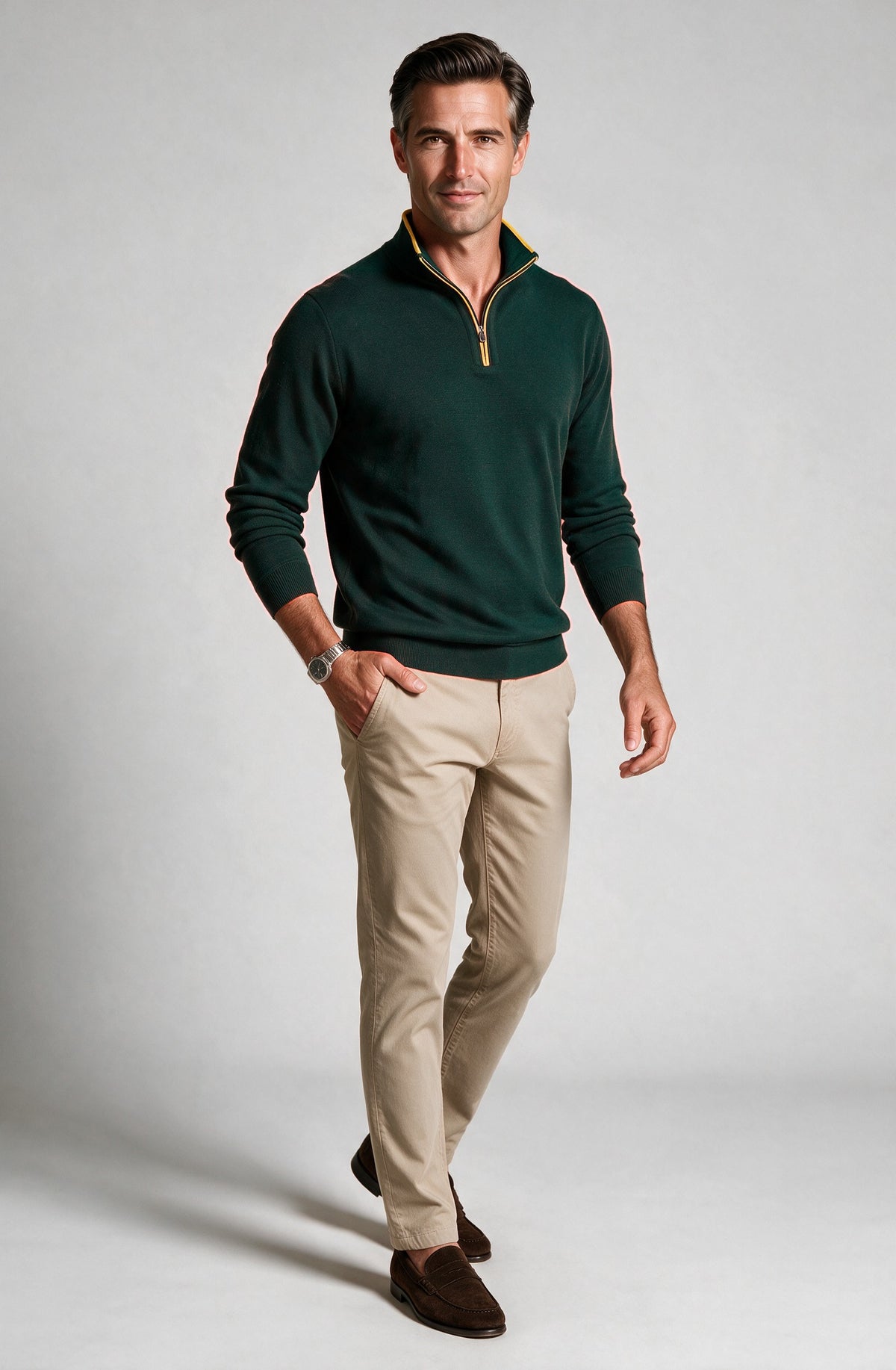 St. Croix - Zip Mock with Tipping - Mens Sweater - Mondo Uomo - Emerald - 4419 - Shown on Model