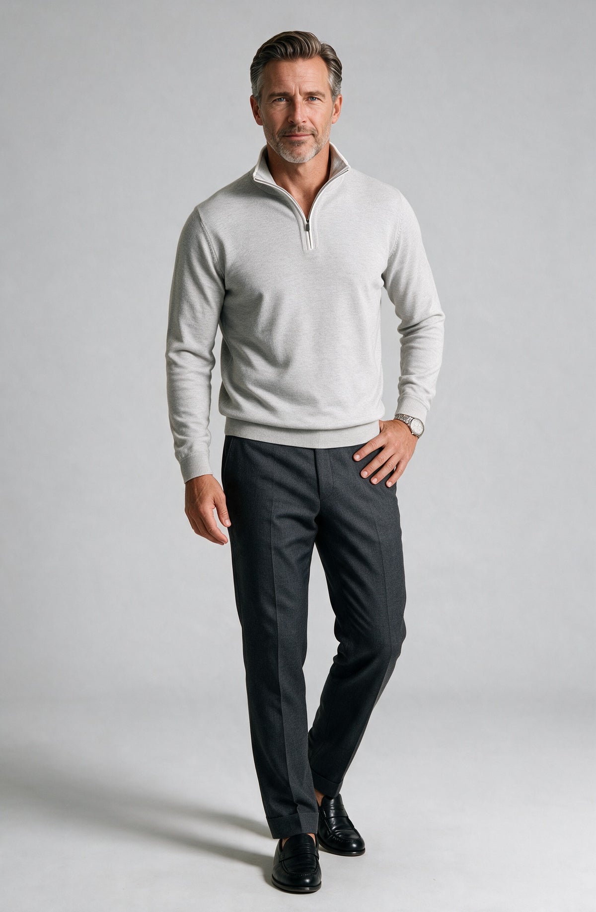 St. Croix - Zip Mock with Tipping - Mens Sweater - Mondo Uomo - Light Grey Marl - 4419 - Shown on Model