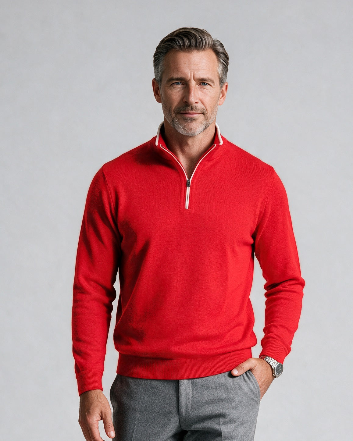 St. Croix - Zip Mock with Tipping - Mens Sweater - Mondo Uomo - Red/White - 4419 - Shown on Model, Close-Up