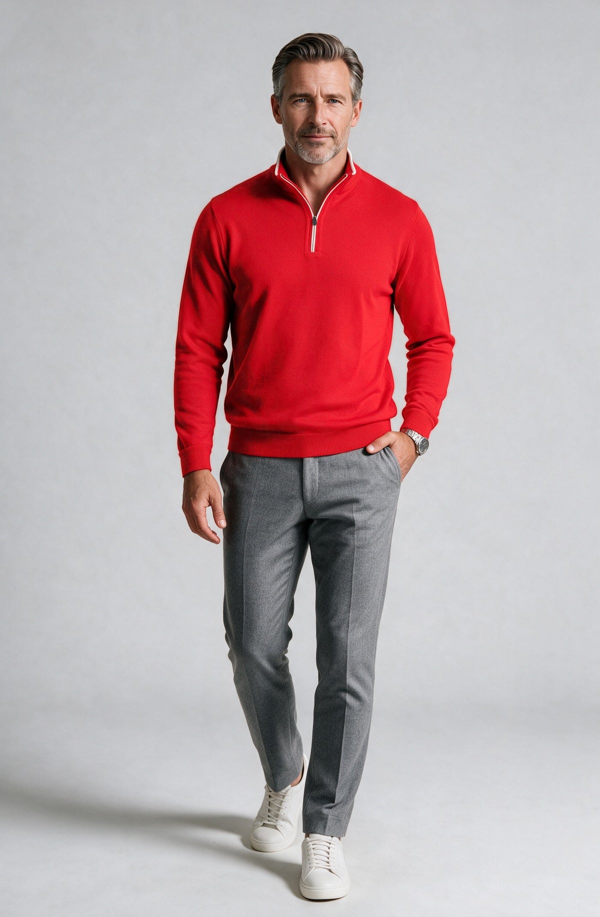 St. Croix - Zip Mock with Tipping - Mens Sweater - Mondo Uomo - Red/White - 4419 - Shown on Model