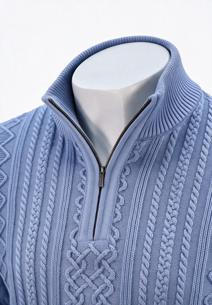 St. Croix Long Sleeve Zip Mock, Powder Blue – zip collar and cable knit detail