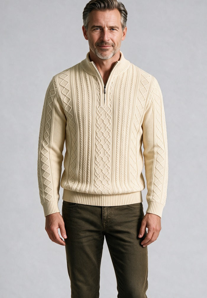 St. Croix Long Sleeve Zip Mock, Soft Butter – worn by model, close-up