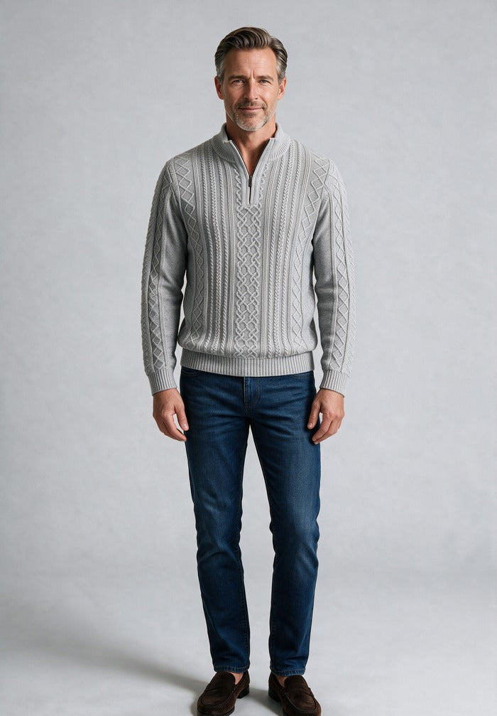 St. Croix Long Sleeve Zip Mock, Light Grey Marl – full-length on model, shown with jeans