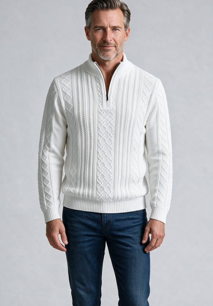 St. Croix Long Sleeve Zip Mock, White – worn by model, close-up