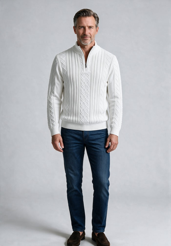 St. Croix Long Sleeve Zip Mock, White – full-length on model, shown with jeans