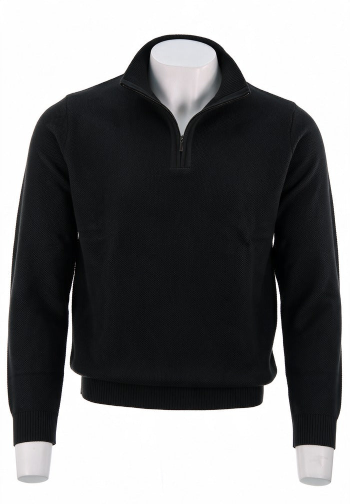 St. Croix - Zip Mock Crystal Stitch Sweater - Mens Sweater - Mondo Uomo - Black/Black - 4518 - Front View