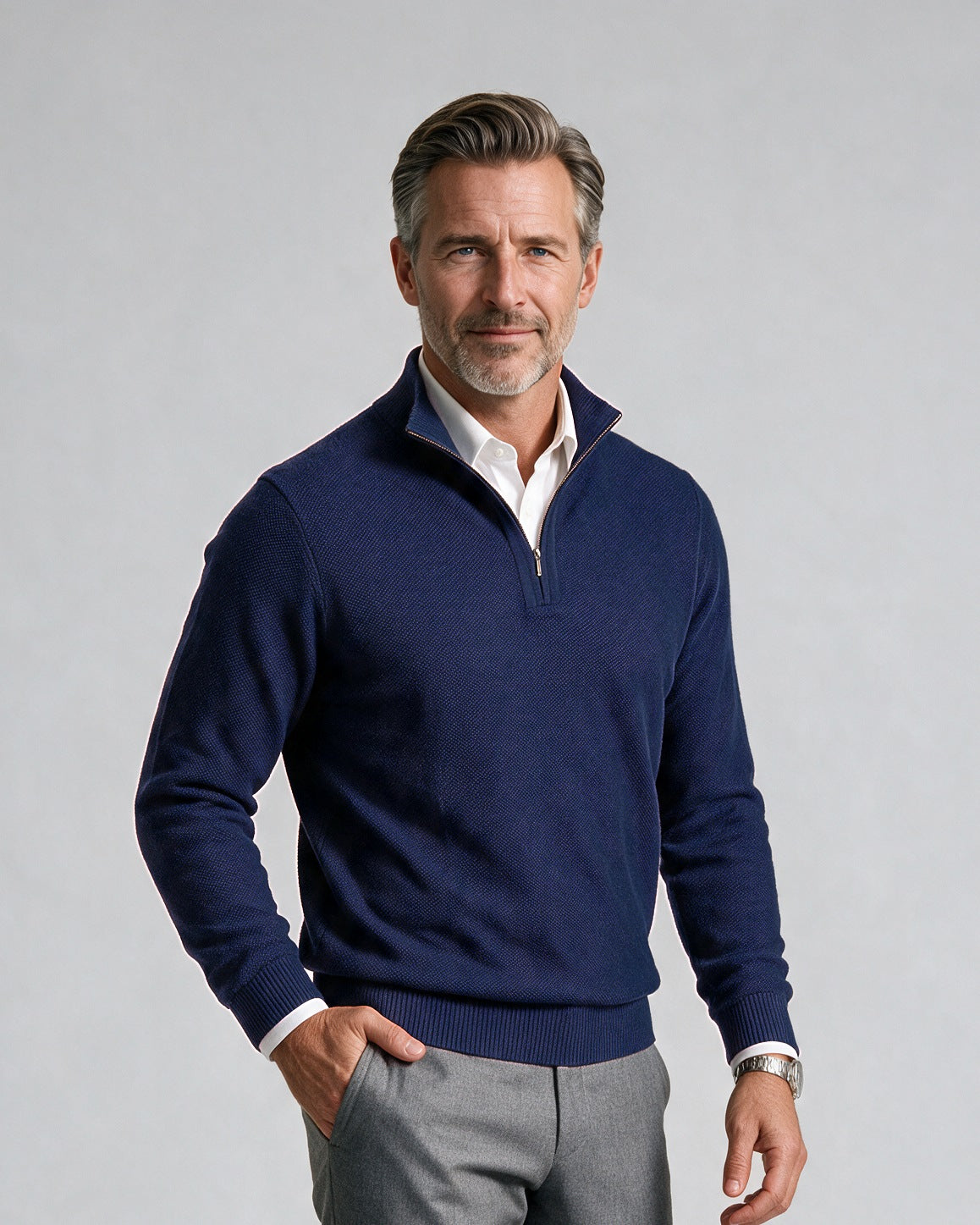 St. Croix - Zip Mock Crystal Stitch Sweater - Mens Sweater - Mondo Uomo - Light Navy - 4518 - Shown on Model, Close-Up