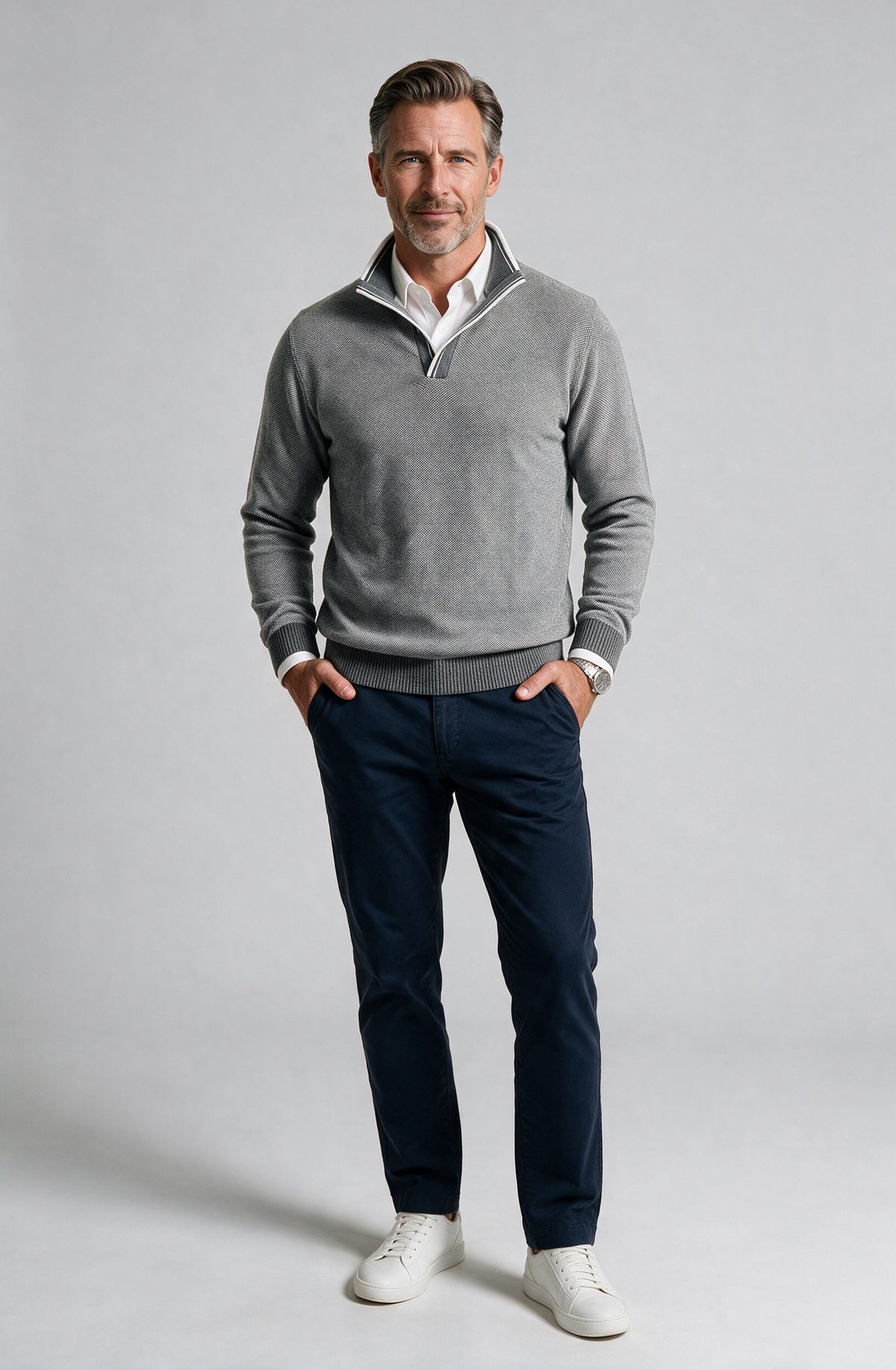St. Croix - Crystal Stitch Open Mock - Mens Sweater - Mondo Uomo - Lead M/White - 4532 - Shown on Model