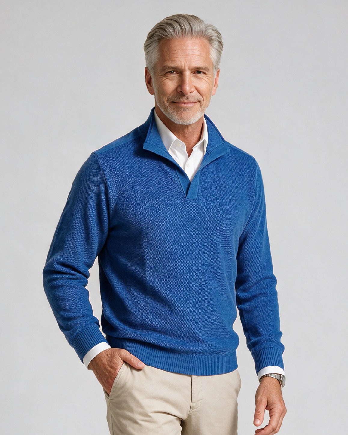 St. Croix - Open Mock Crystal Stitch Sweater - Mens Sweater - Mondo Uomo - Bright Blue - 4941 - Shown on Model, Close-Up