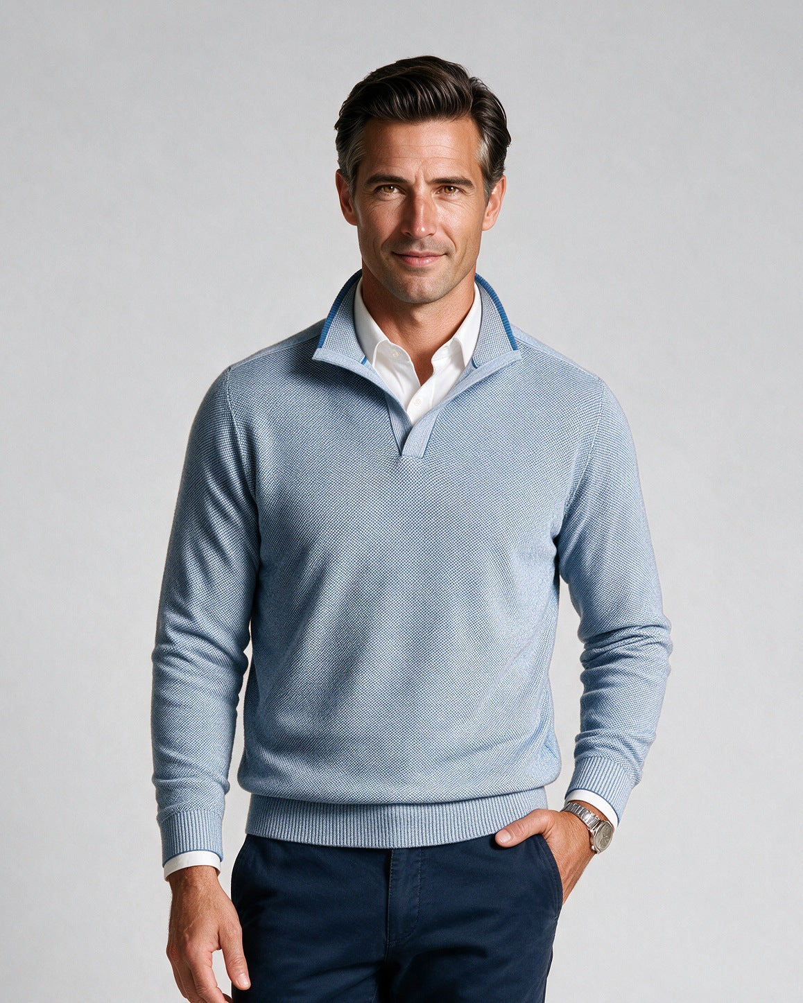 St. Croix - Open Mock Crystal Stitch Sweater - Mens Sweater - Mondo Uomo - Coastal Blue/White - 4941 - Shown on Model, Close-Up