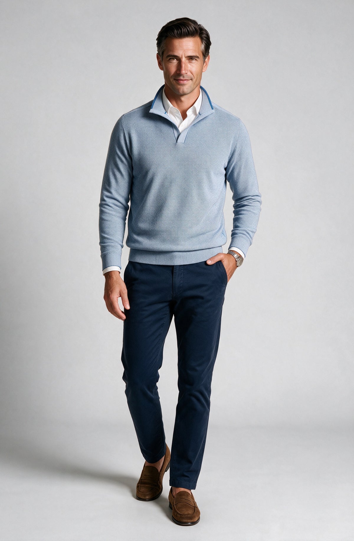 St. Croix - Open Mock Crystal Stitch Sweater - Mens Sweater - Mondo Uomo - Coastal Blue/White - 4941 - Shown on Model