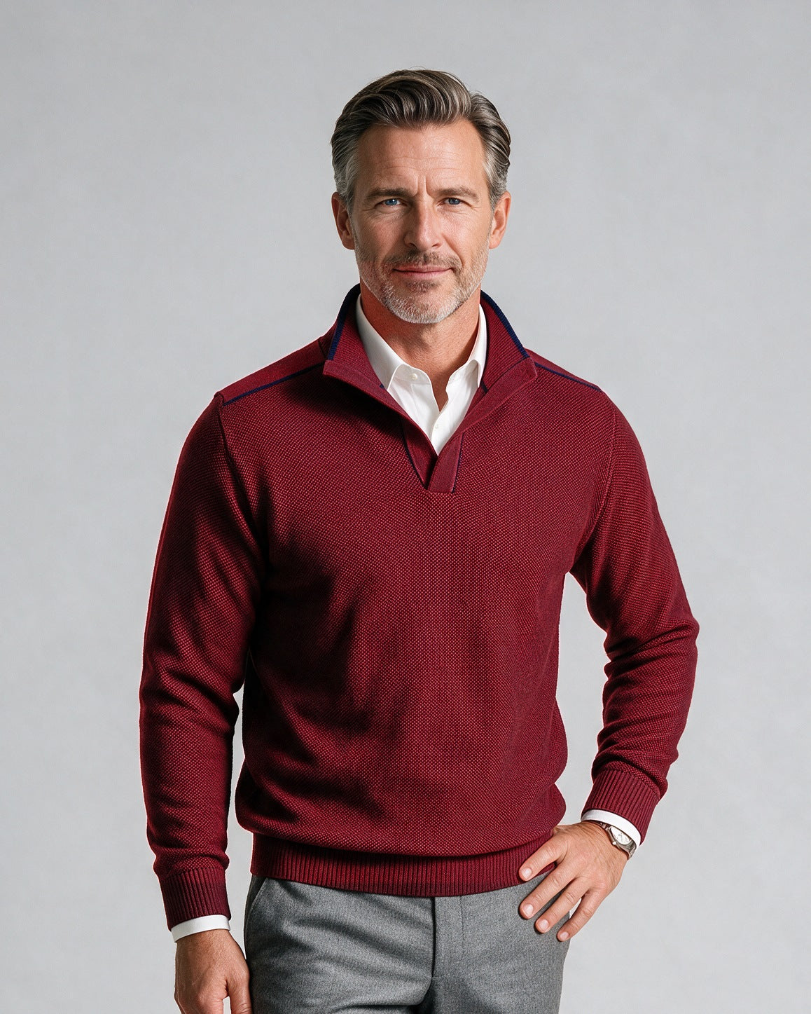 St. Croix - Open Mock Crystal Stitch Sweater - Mens Sweater - Mondo Uomo - Light Navy/Red - 4941 - Shown on Model, Close-Up