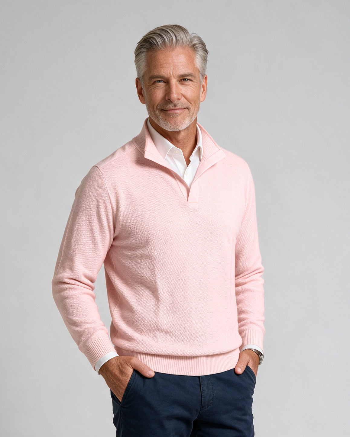 St. Croix - Open Mock Crystal Stitch Sweater - Mens Sweater - Mondo Uomo - Pink - 4941 - Shown on Model, Close-Up