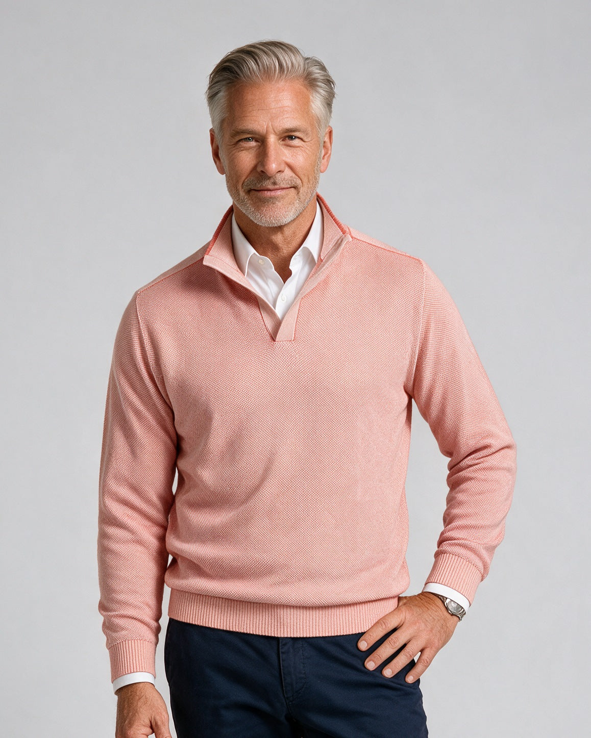 St. Croix - Open Mock Crystal Stitch Sweater - Mens Sweater - Mondo Uomo - Watermelon/White - 4941 - Shown on Model, Close-Up
