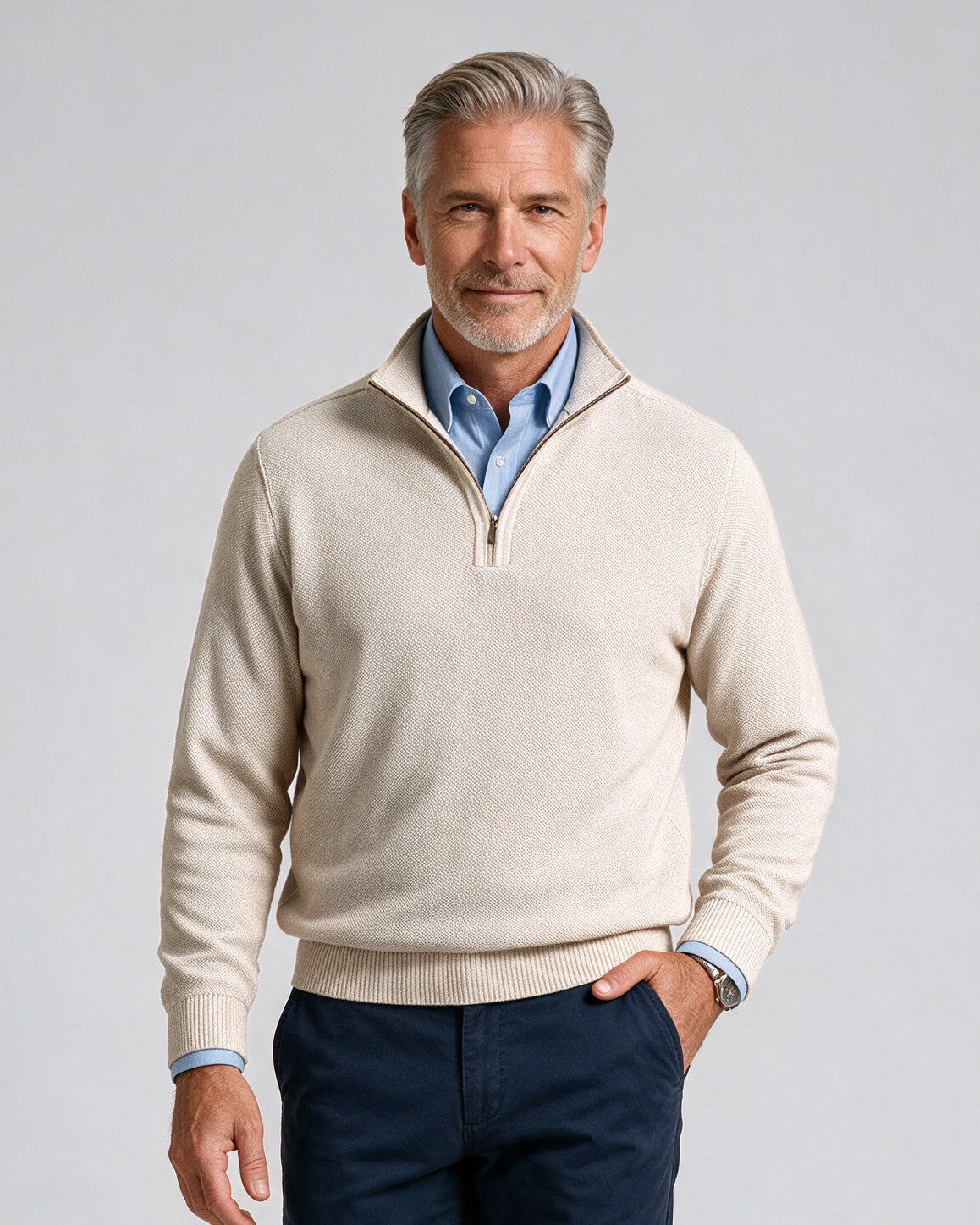 St. Croix - Zip Mock Crystal Stitch - Mens Sweater - Mondo Uomo - Almond - 4942 - Shown on Model, Close-Up