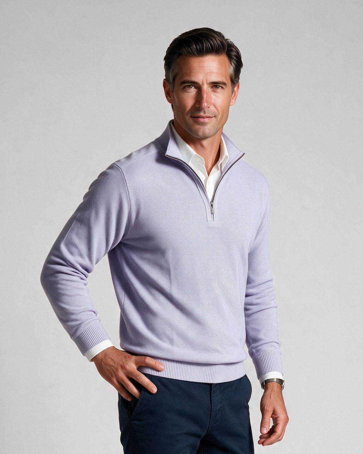 St. Croix - Zip Mock Crystal Stitch - Mens Sweater - Mondo Uomo - Aster - 4942 - Shown on Model, Close-Up