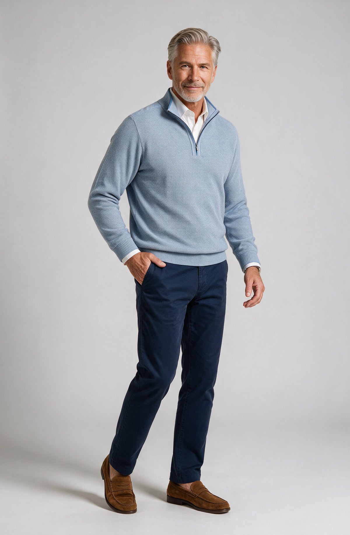 St. Croix - Zip Mock Crystal Stitch - Mens Sweater - Mondo Uomo - Coastal Blue/White - 4942 - Shown on Model