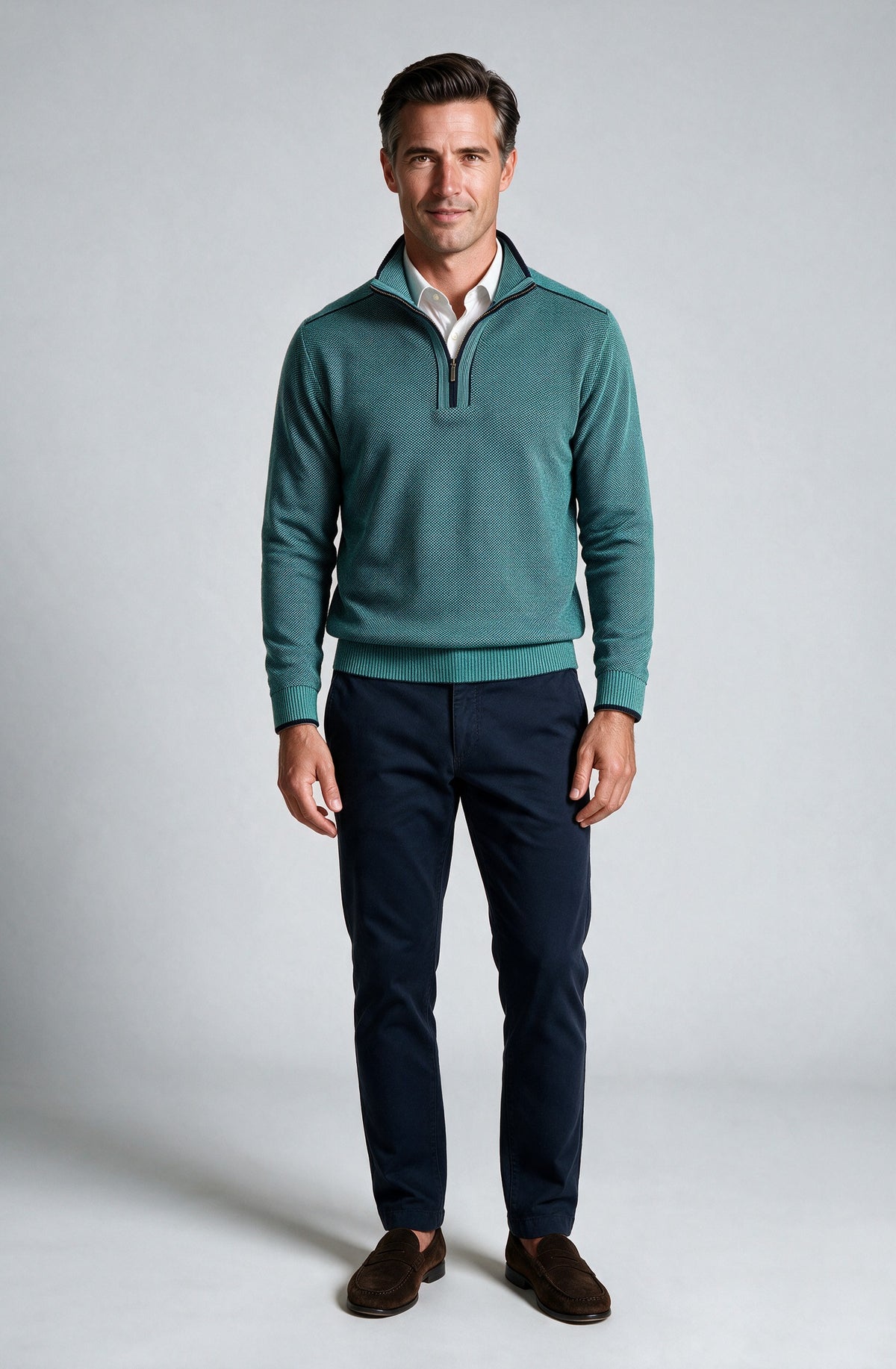 St. Croix - Zip Mock Crystal Stitch - Mens Sweater - Mondo Uomo - Deep Navy/Turquoise - 4942 - Shown on Model