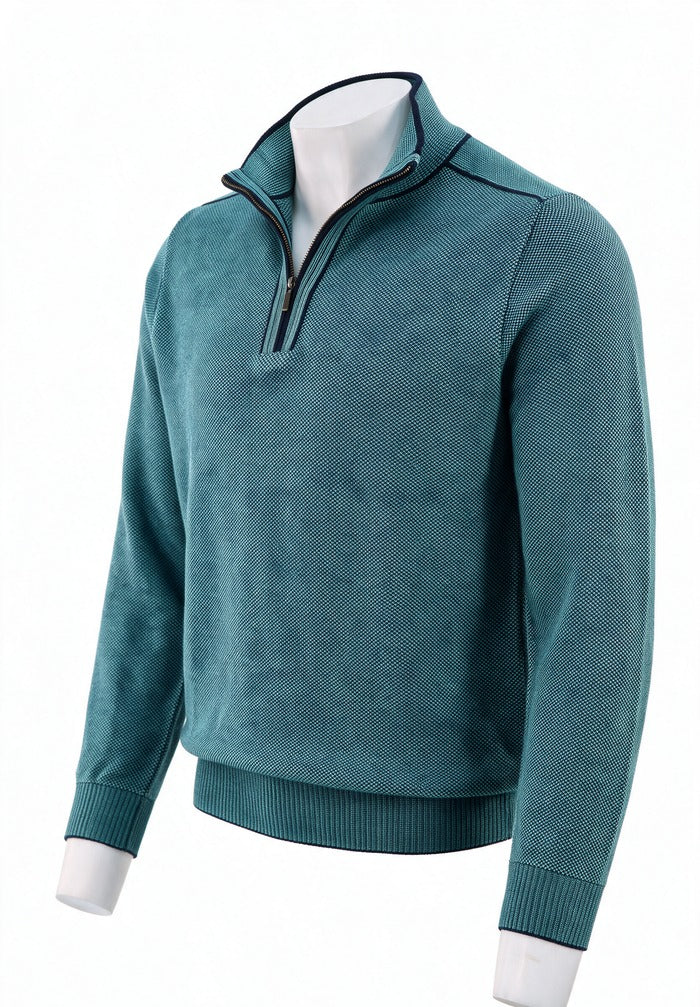 St. Croix - Zip Mock Crystal Stitch - Mens Sweater - Mondo Uomo - Deep Navy/Turquoise - 4942 - Side View