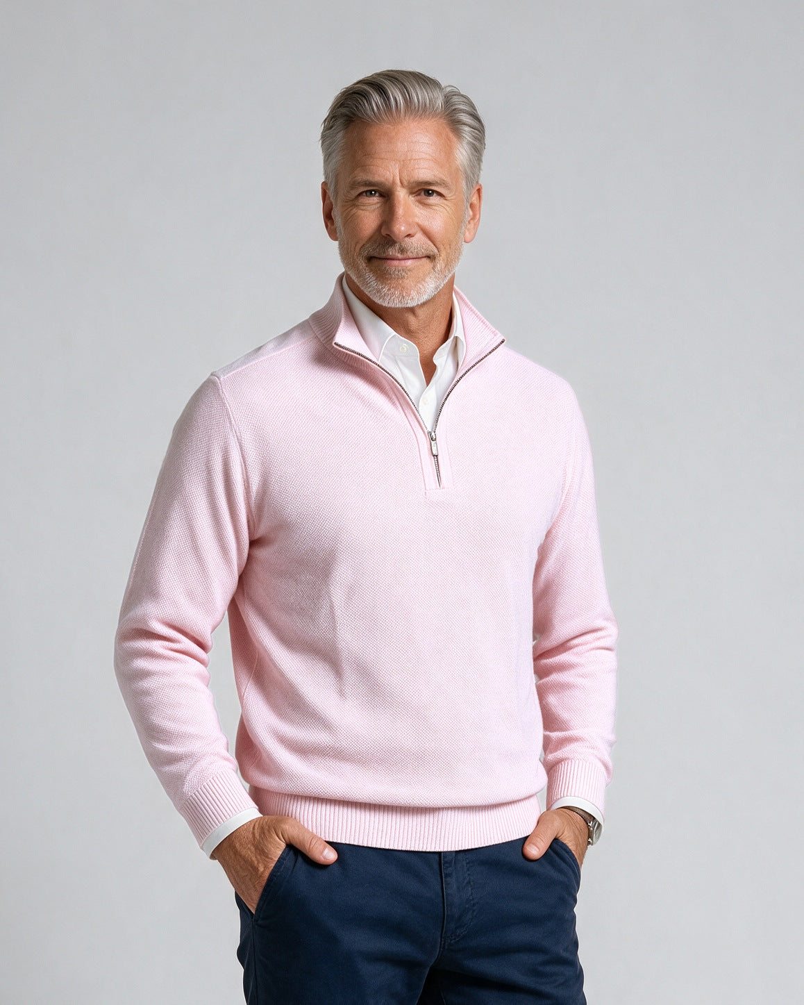 St. Croix - Zip Mock Crystal Stitch - Mens Sweater - Mondo Uomo - Pink - 4942 - Shown on Model, Close-Up