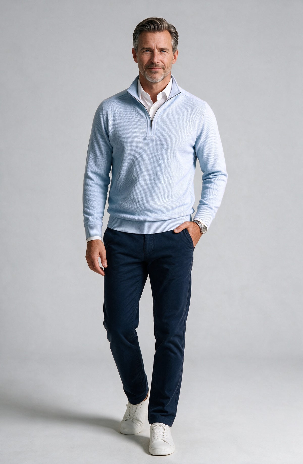 St. Croix - Zip Mock Crystal Stitch - Mens Sweater - Mondo Uomo - Sky Blue - 4942 - Shown on Model