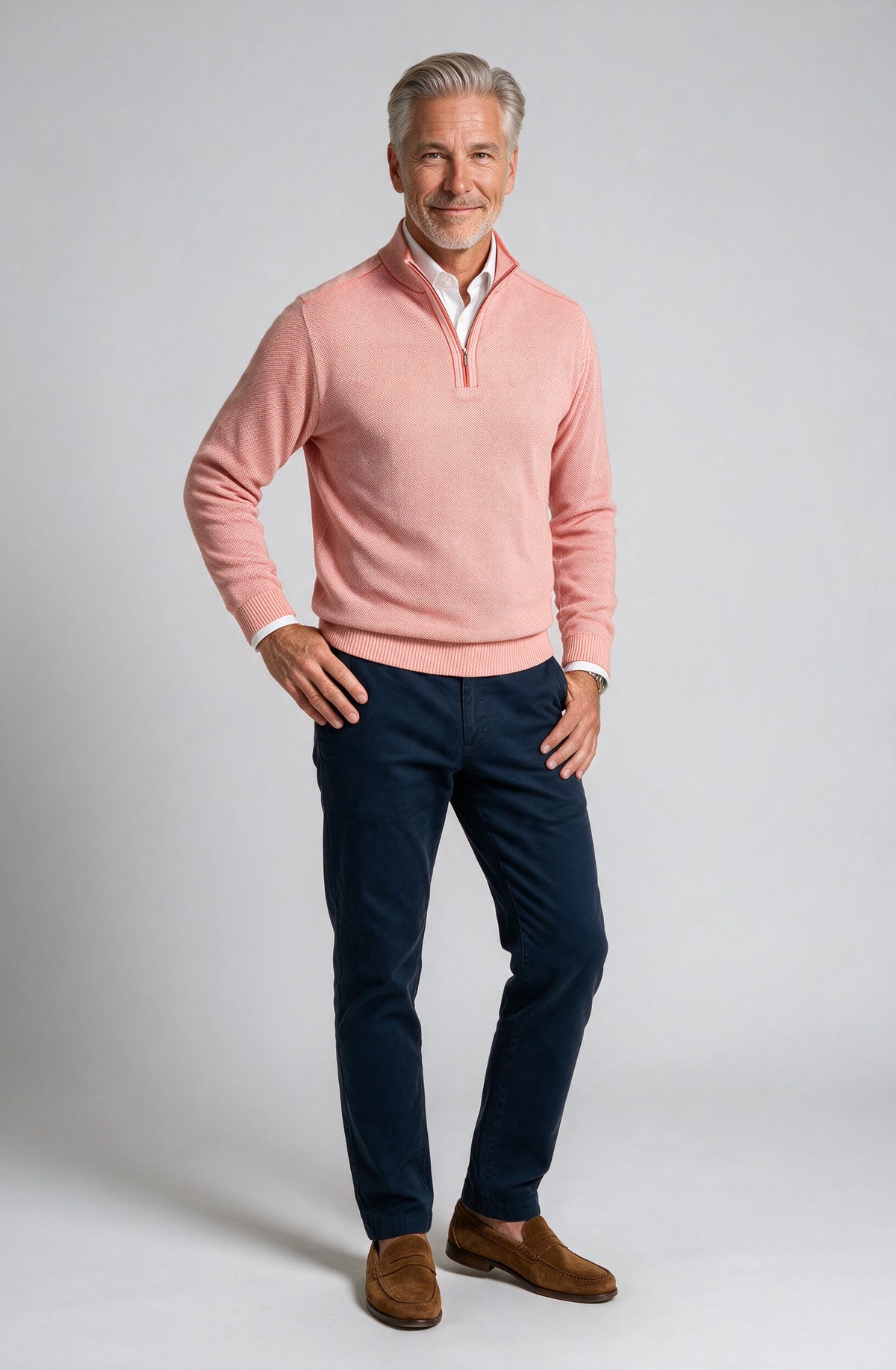 St. Croix - Zip Mock Crystal Stitch - Mens Sweater - Mondo Uomo - Watermelon/White - 4942 - Shown on Model