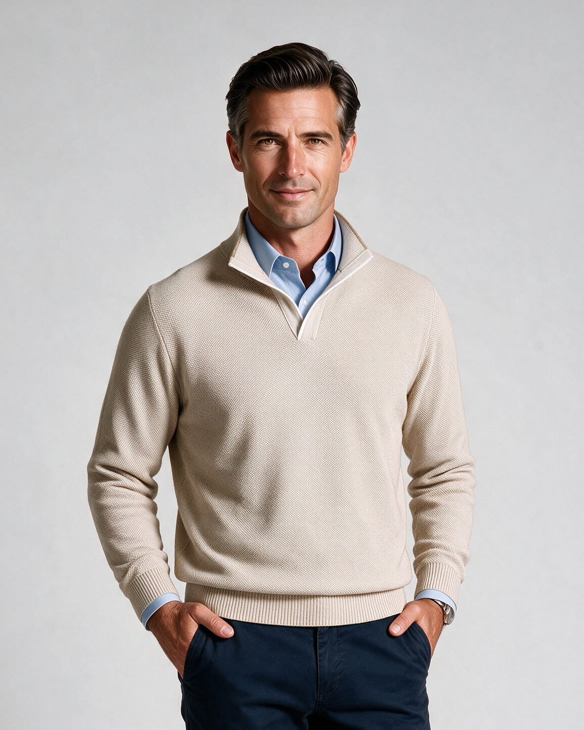 St. Croix - Open Mock Crystal Stitch Sweater - Mens Sweater - Mondo Uomo - Almond - 4943 - Shown on Model, Close-Up