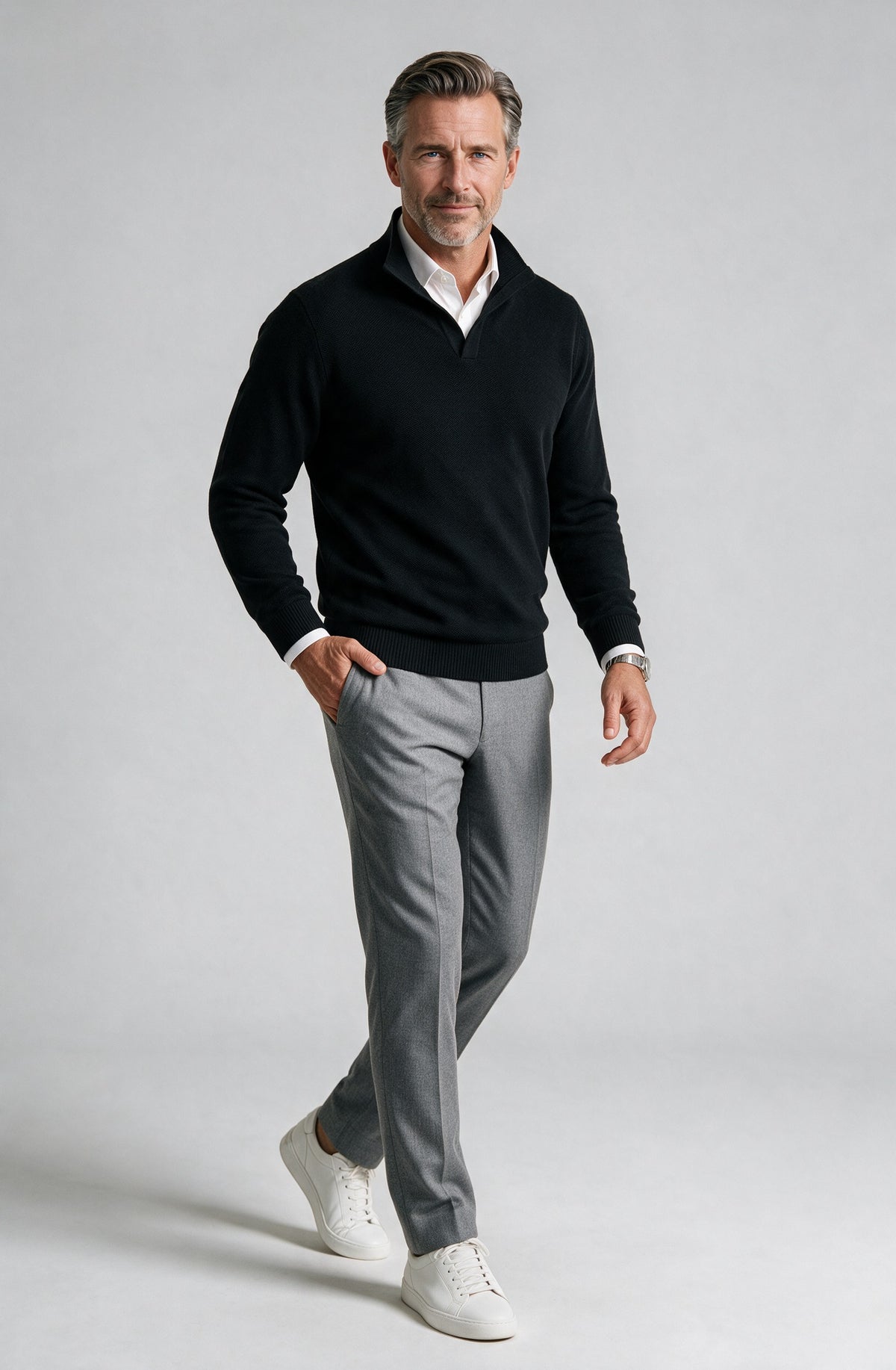 St. Croix - Open Mock Crystal Stitch Sweater - Mens Sweater - Mondo Uomo - Black/Black - 4943 - Shown on Model