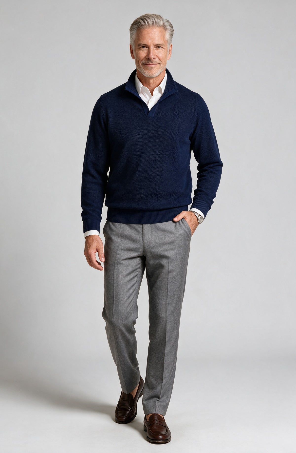 St. Croix - Open Mock Crystal Stitch Sweater - Mens Sweater - Mondo Uomo - Light Navy - 4943 - Shown on Model