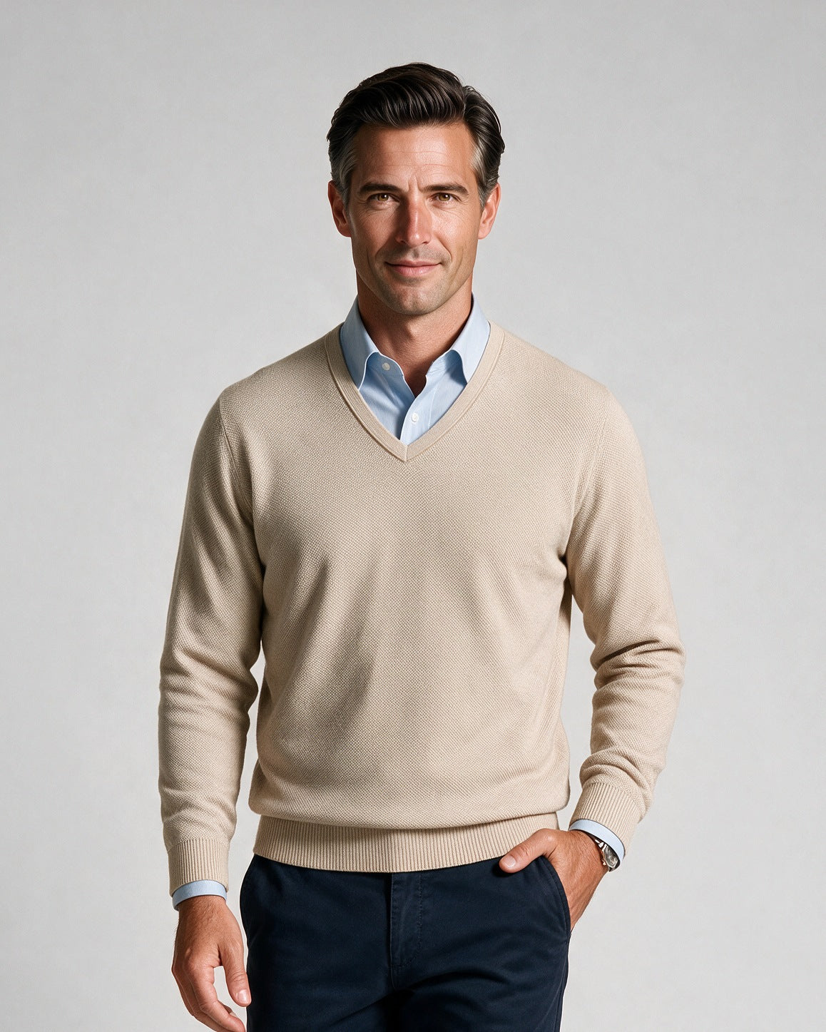 St. Croix - Cotton Blend Crystal Stitch Mock V Neck - Mens Sweater - Mondo Uomo - Almond - 5518 - Shown on Model, Close-Up