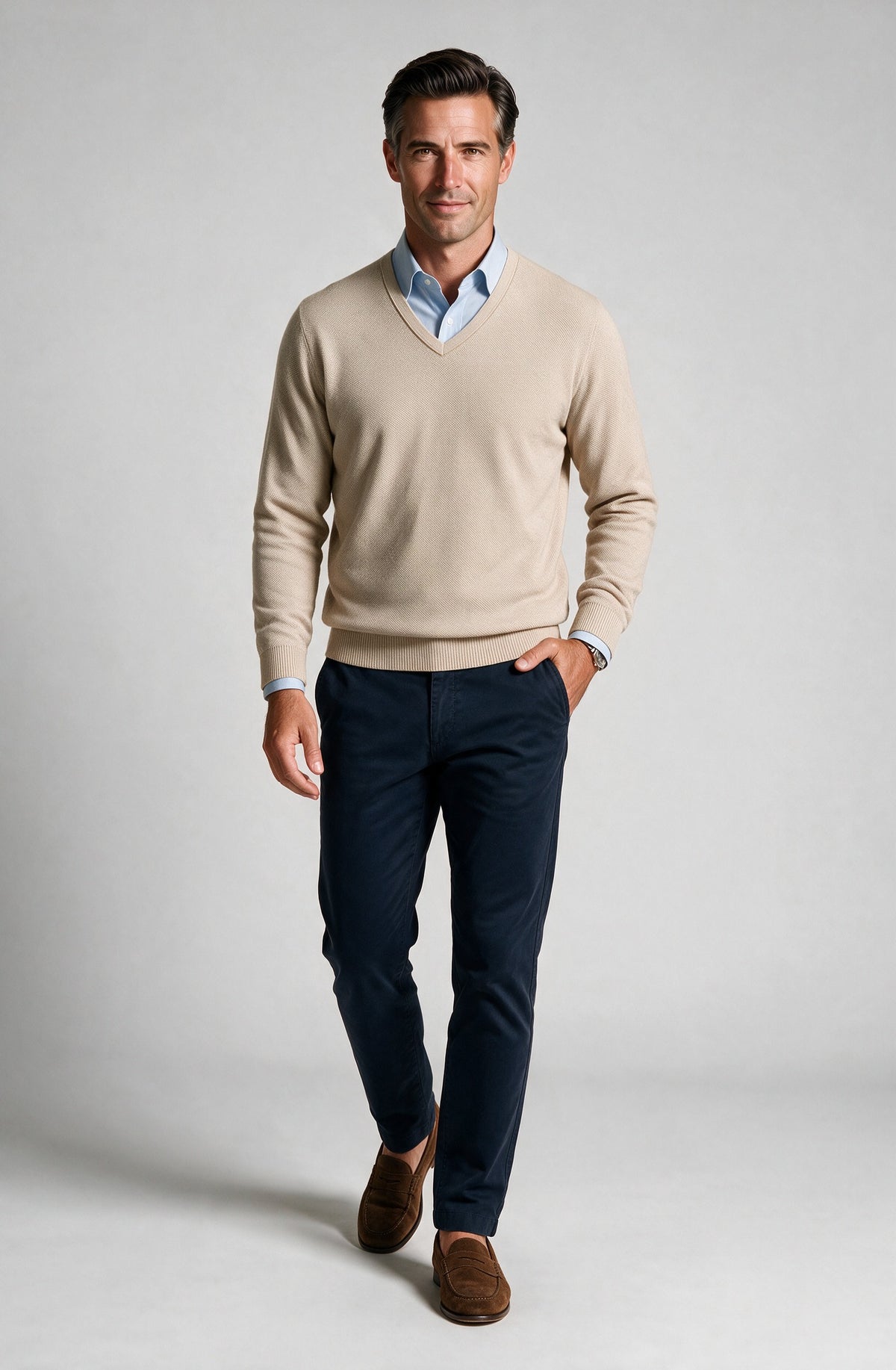 St. Croix - Cotton Blend Crystal Stitch Mock V Neck - Mens Sweater - Mondo Uomo - Almond - 5518 - Shown on Model