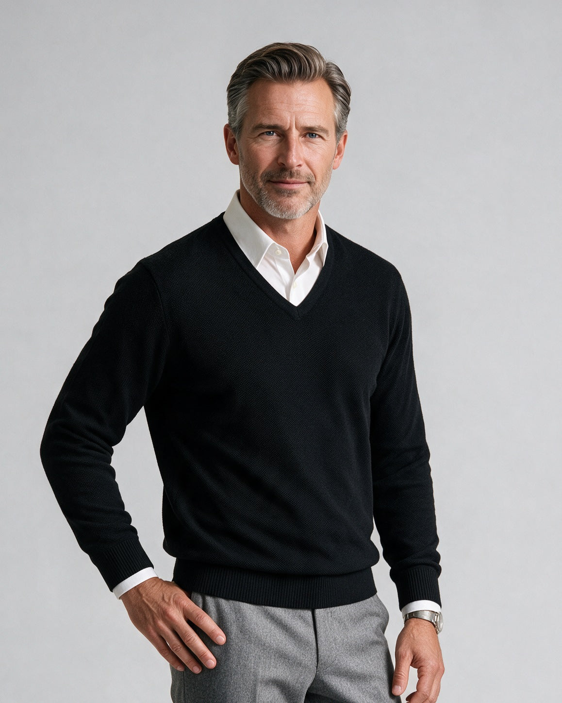 St. Croix - Cotton Blend Crystal Stitch Mock V Neck - Mens Sweater - Mondo Uomo - Black/Black - 5518 - Shown on Model, Close-Up