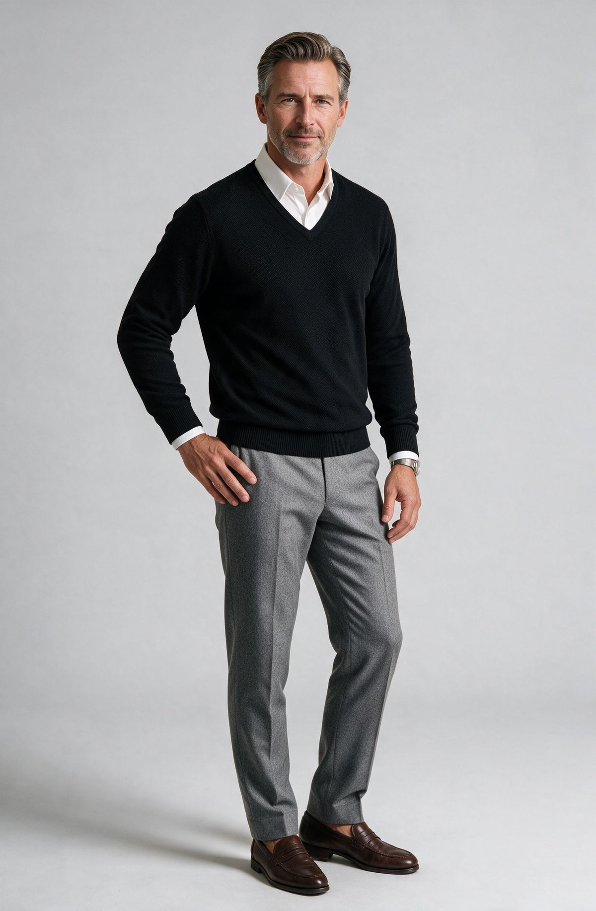 St. Croix - Cotton Blend Crystal Stitch Mock V Neck - Mens Sweater - Mondo Uomo - Black/Black - 5518 - Shown on Model