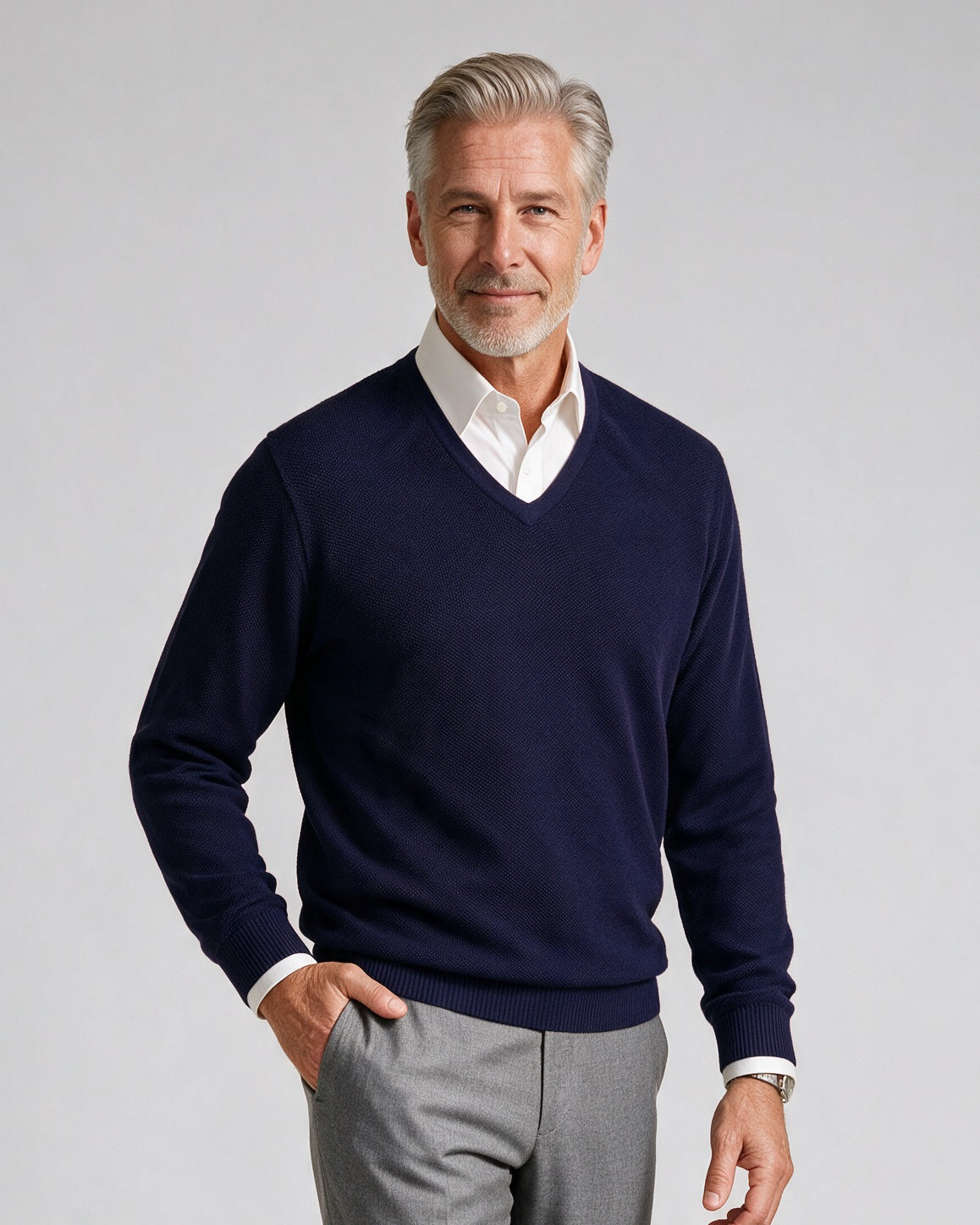 St. Croix - Cotton Blend Crystal Stitch Mock V Neck - Mens Sweater - Mondo Uomo - Light Navy - 5518 - Shown on Model, Close-Up