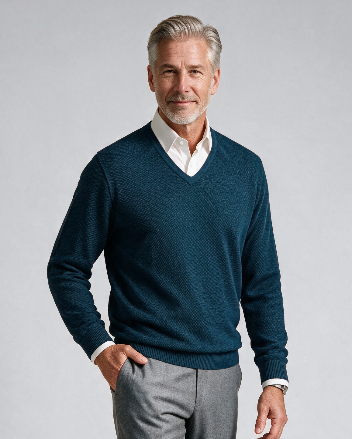 St. Croix - Cotton Blend Crystal Stitch Mock V Neck - Mens Sweater - Mondo Uomo - Sapphire - 5518 - Shown on Model, Close-Up