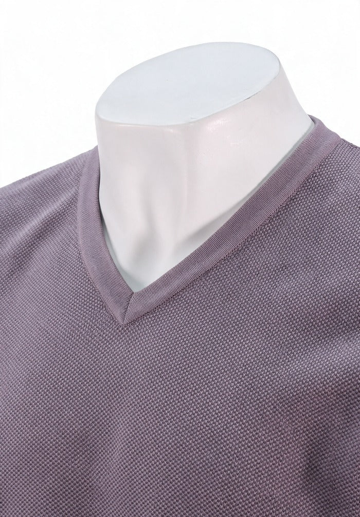 St. Croix - Cotton Blend Crystal Stitch Mock V Neck - Mens Sweater - Mondo Uomo - Shade Purple - 5518 - Collar View